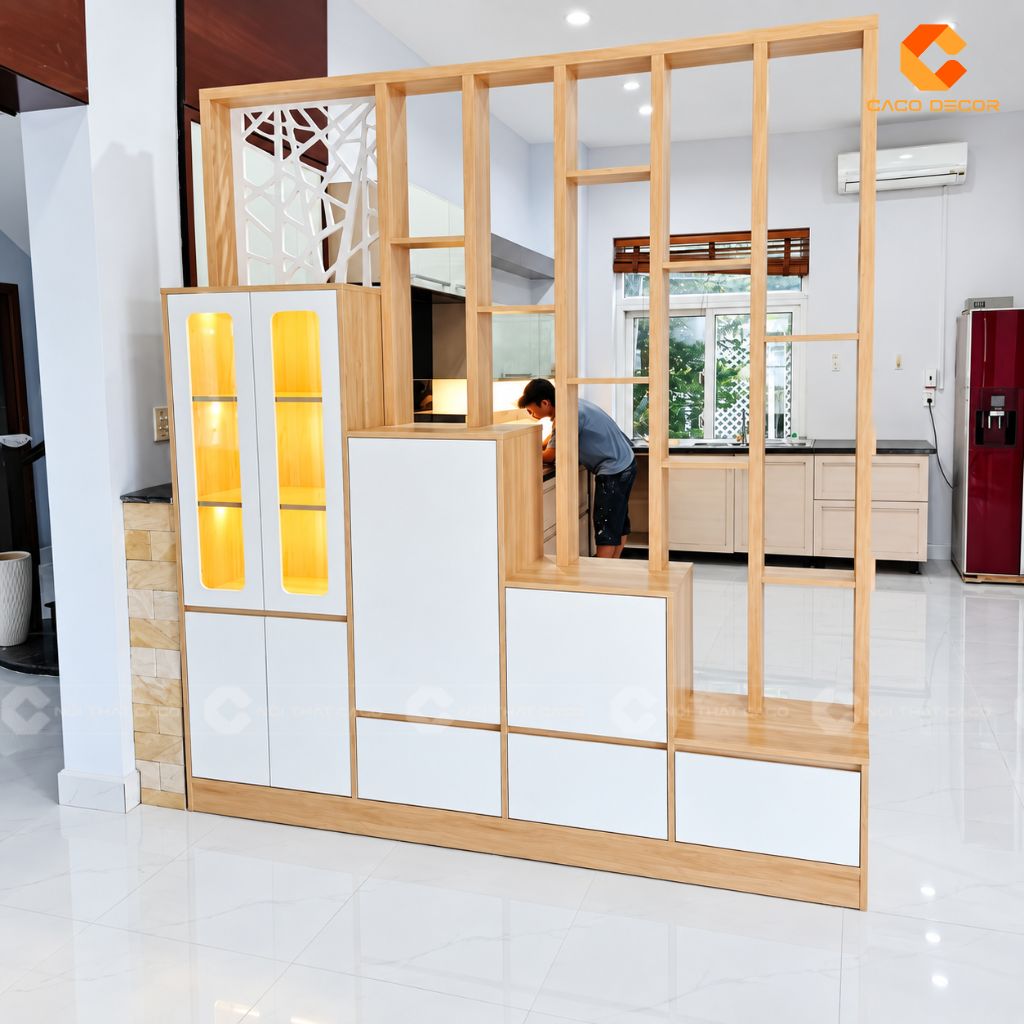 ách ngăn trang trí gỗ công nghiệp phối trắng với nhiều khoang kệ mở