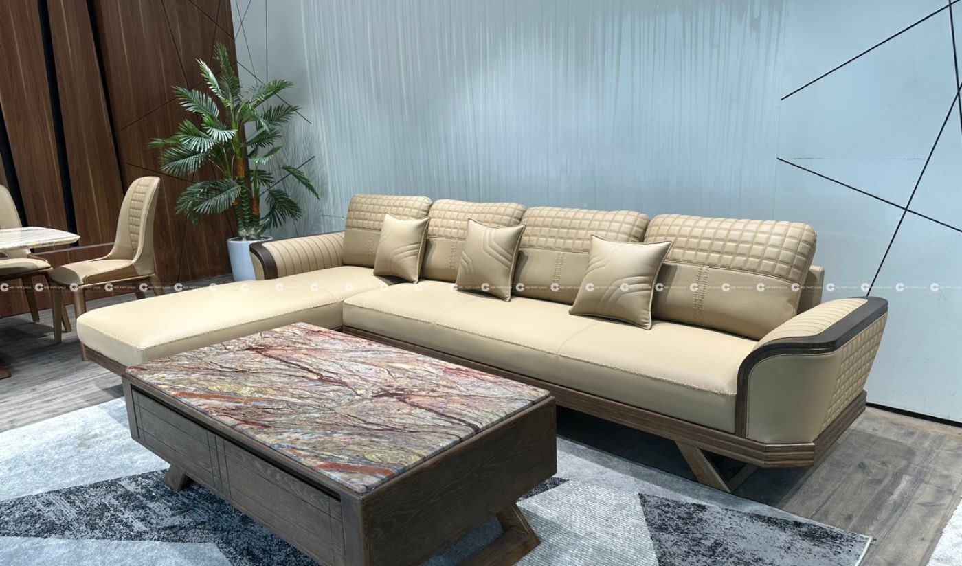 Bộ sofa gỗ sồi tự nhiên mặt bàn điểm xuyến họa tiết sang trọng