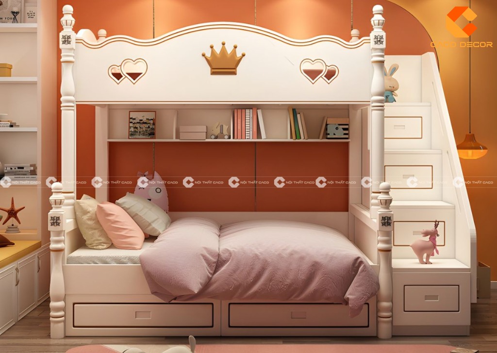 Mẫu giường tầng được tích hợp thêm bậc thang, ngăn kéo