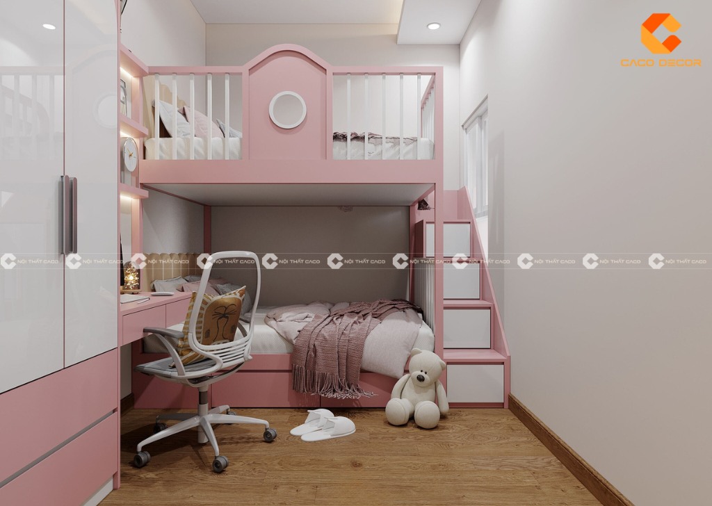 Giường tầng kết hợp bàn học cho bé gái 