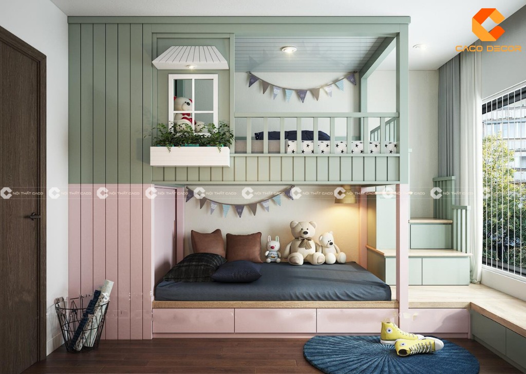 Giường tầng gỗ công nghiệp với màu sắc bắt mắt