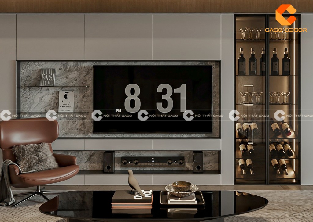 Bày trí kệ tivi có tủ rượu ấn tượng, chuẩn phong thủy