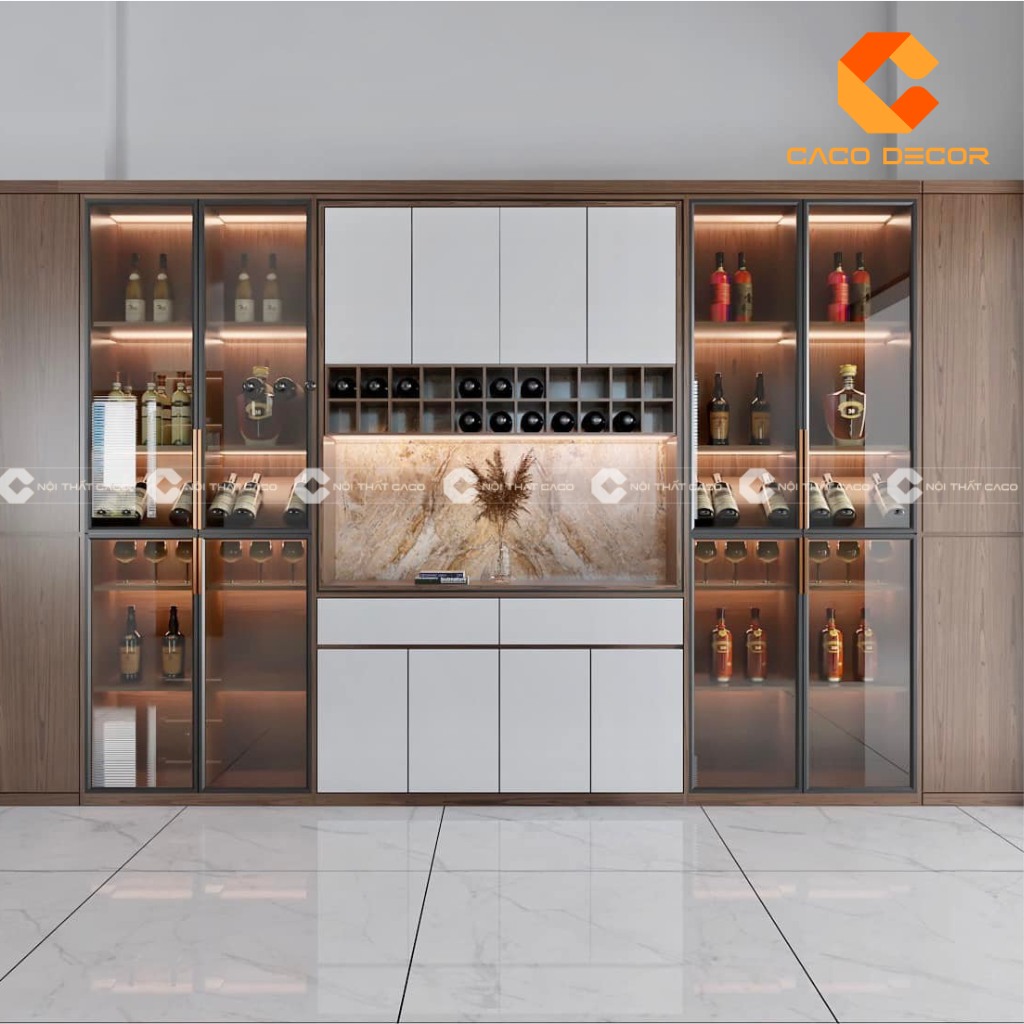 Mẫu tủ rượu 4 cánh kết hợp kệ trang trí lớn dành cho nhà có diện tích lớn