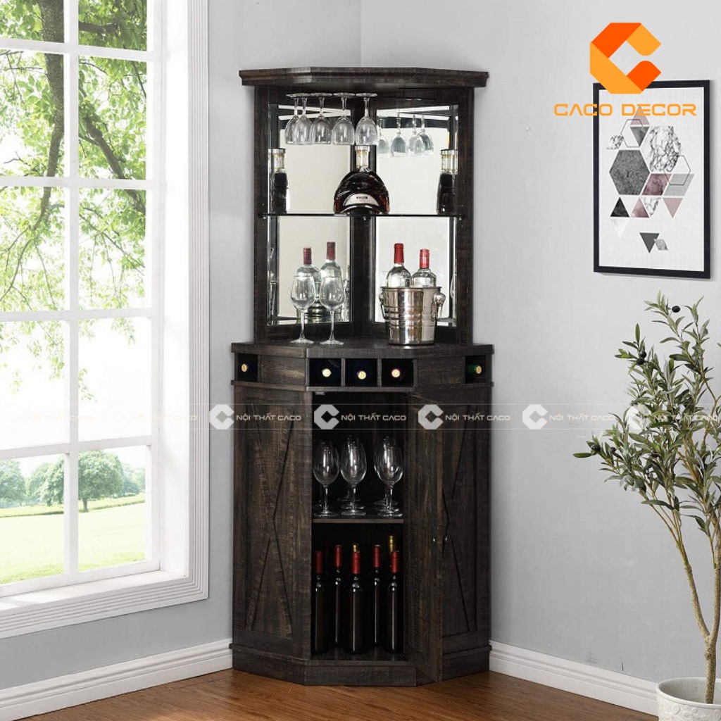 Tủ rượu góc tận dụng tối đa góc tường, giúp tiết kiệm không gian