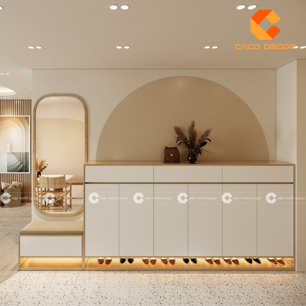 Mẫu tủ giày dép gỗ tạo điểm nhấn cho không gian hiện đại