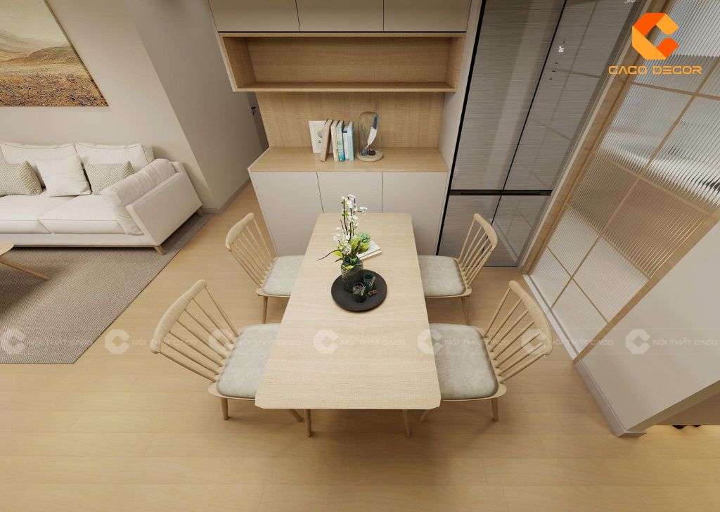 Bộ bàn ăn nối liền phòng khách tạo không gian ấm cúng