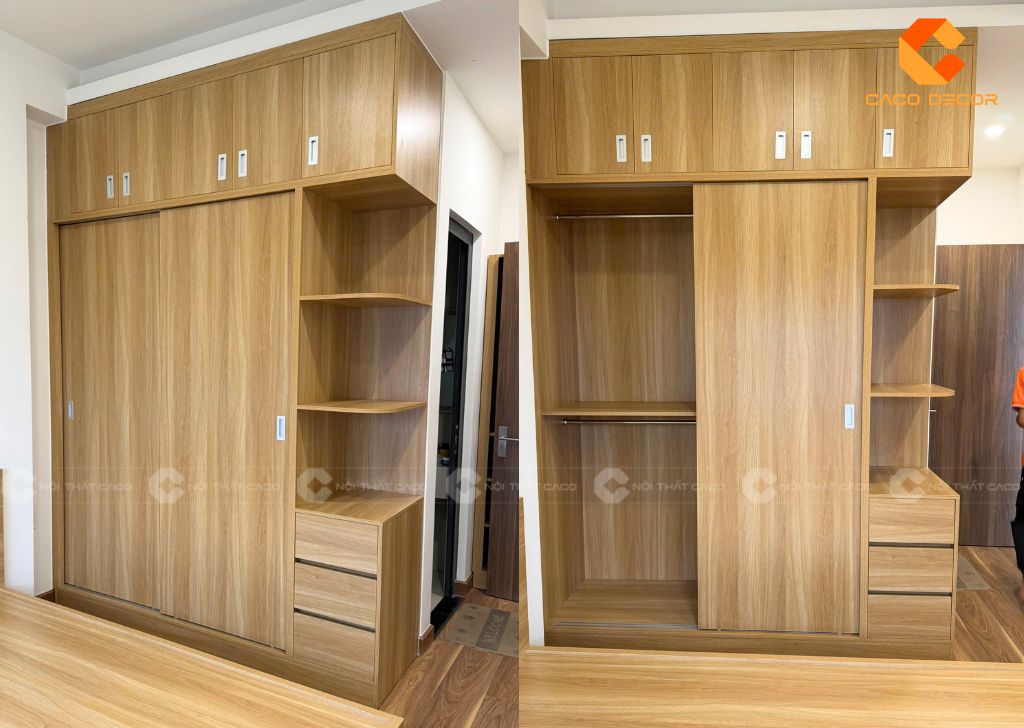 Hình chụp thực tế mẫu tủ áo cửa lùa kèm kệ trang trí