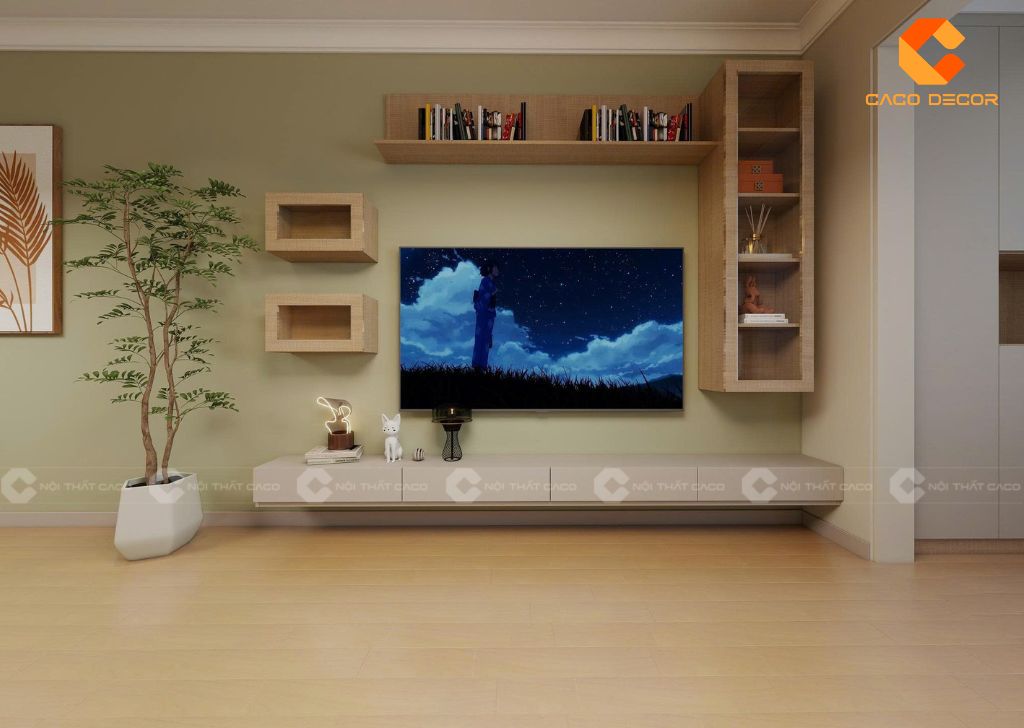 Thiết kế hệ kệ tivi treo gỗ công nghiệp hiện đại