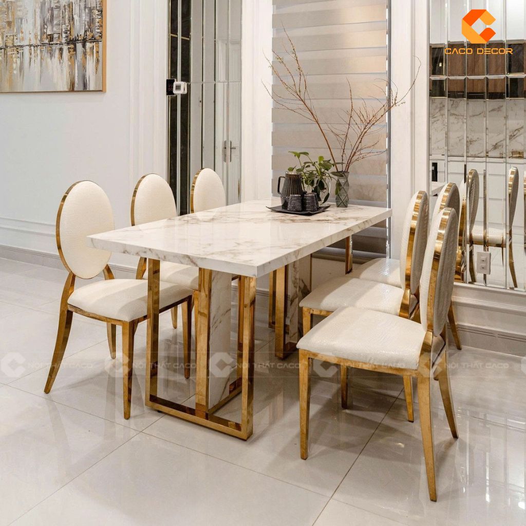 Mẫu bàn ăn 6 ghế với mặt bàn đá hình chữ nhật hiện đại