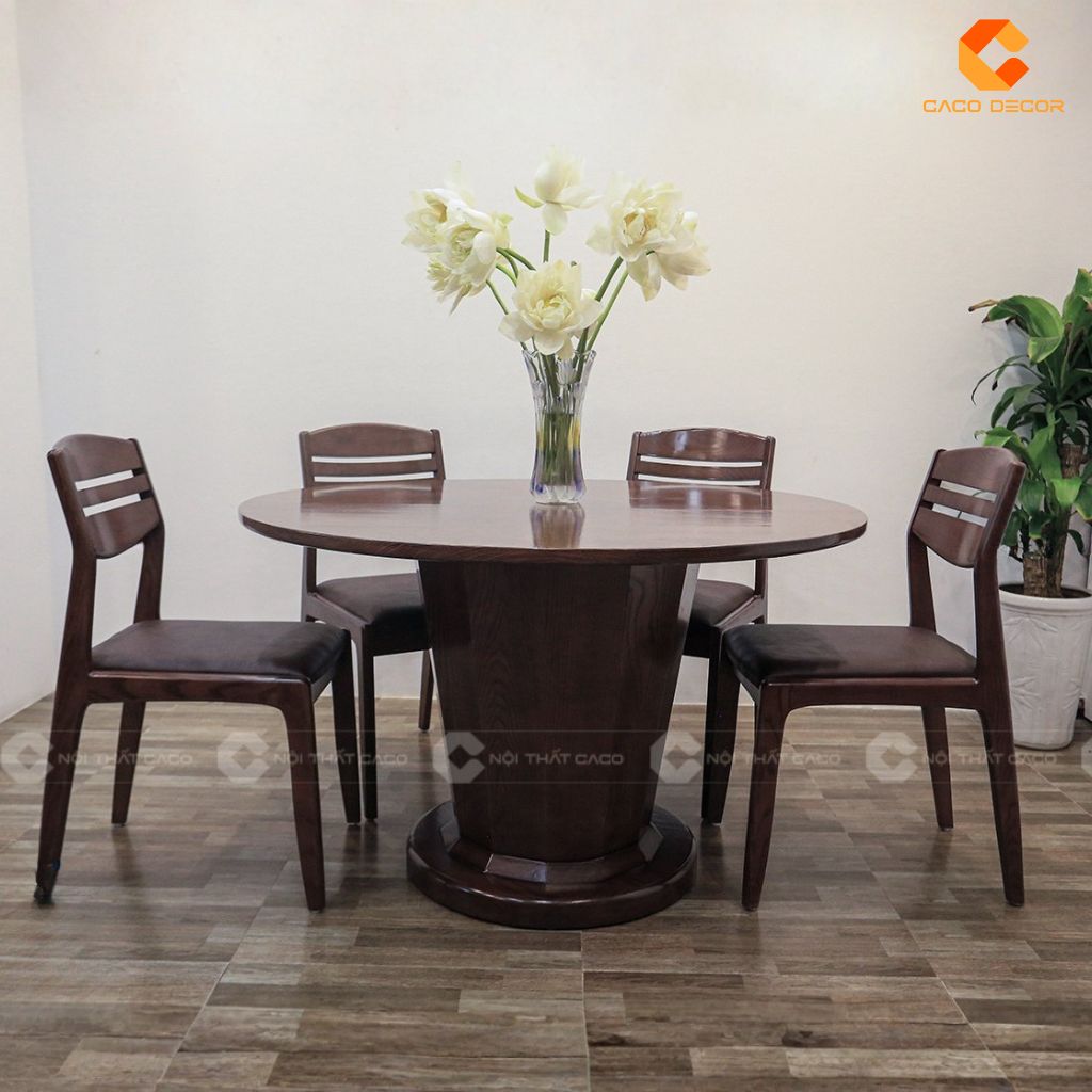 Bộ bàn ăn tròn 4 ghế màu nâu óc chó bền đẹp