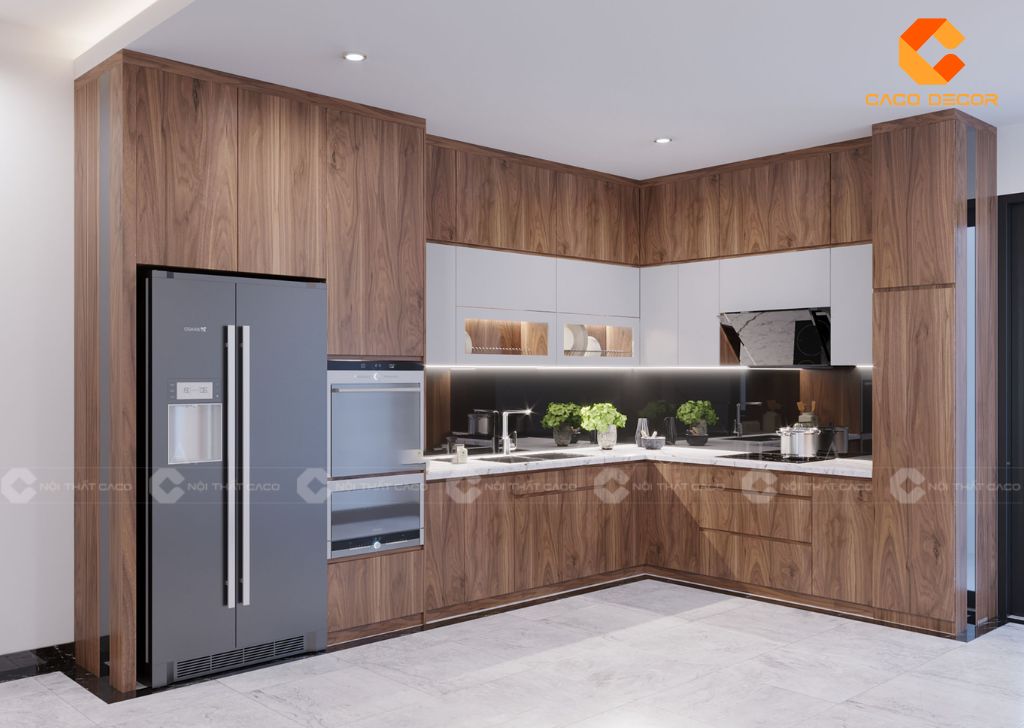 Mẫu tủ bếp gỗ óc chó tự nhiên sang trọng độ bền cao