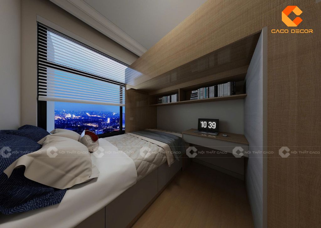 Giường ngủ phía dưới tích hợp hệ kệ đựng đồ hiện đại