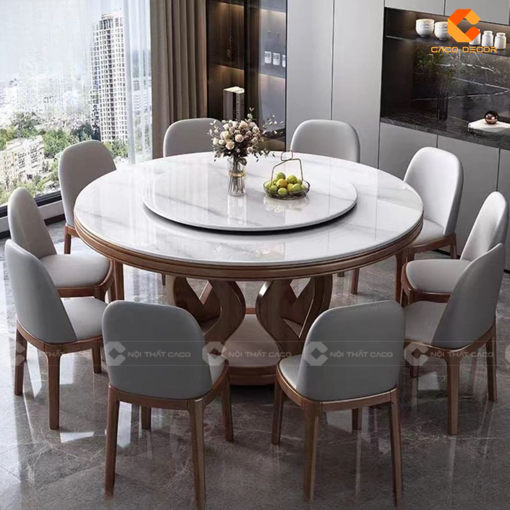 Bộ bàn ăn tròn mặt đá 10 ghế cho gia đình đông thành viên