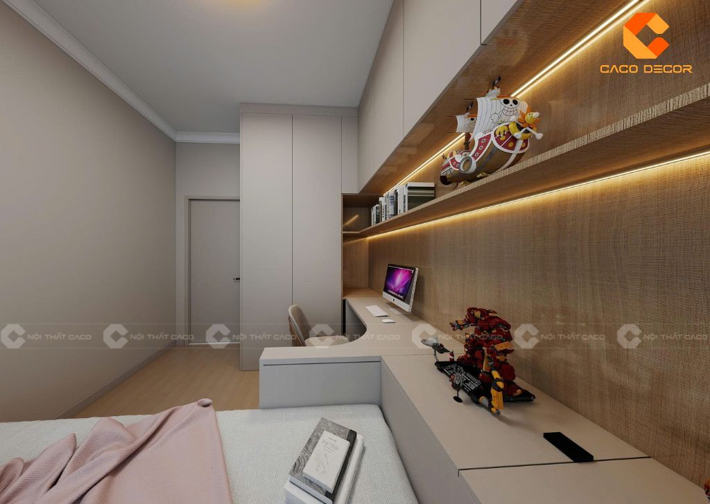 Thiết kế bàn làm việc dài kèm kệ trang trí