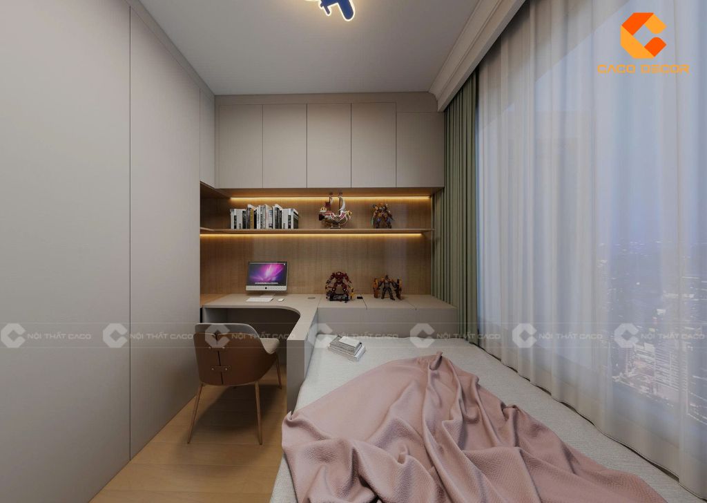 Phòng ngủ nhỏ với giường đơn, bàn làm việc tích hợp tủ