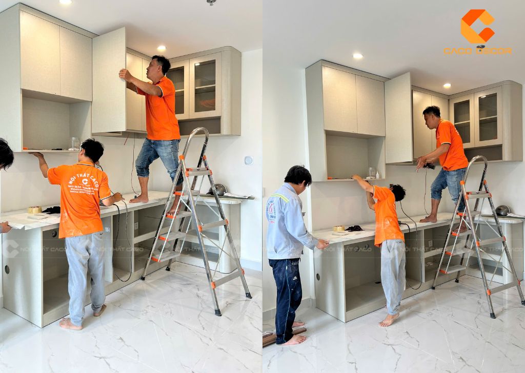 Hình ảnh anh em thợ CaCo thi công tủ bếp tại công trình