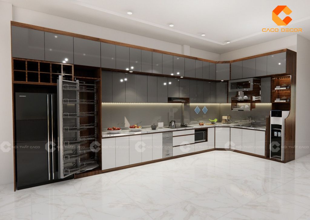 Tủ bếp gỗ công nghiệp TBM083 trang bị đủ phụ kiện bếp