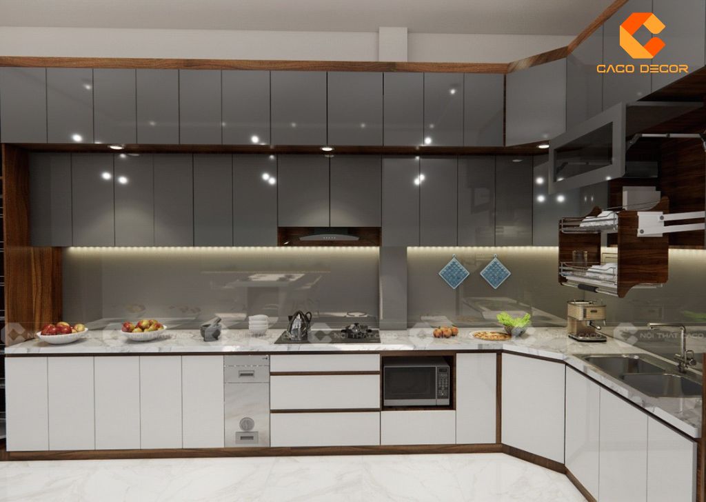 Tủ bếp gỗ công nghiệp TBM083 trang bị hệ đèn LED hiện đại