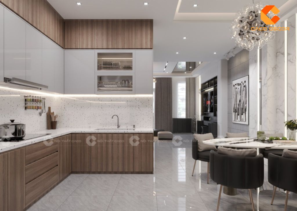 Tủ bếp gỗ công nghiệp TBM084 bố trí khoang kệ thông minh