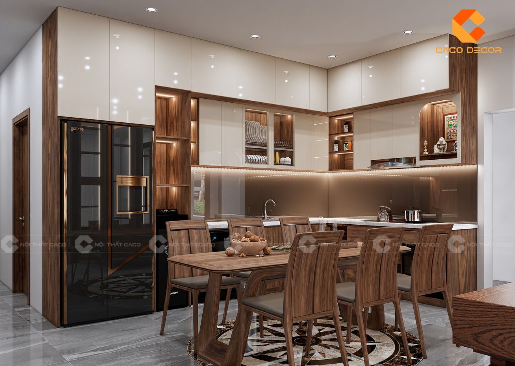 Tủ Bếp Gỗ Công Nghiệp TBM085 Chữ L Nâu Phối Trắng Sang Trọng 1