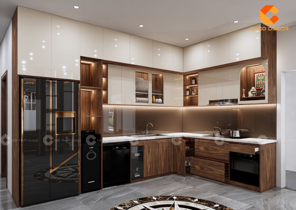 Tủ Bếp Gỗ Công Nghiệp TBM085 Chữ L Nâu Phối Trắng Sang Trọng 2