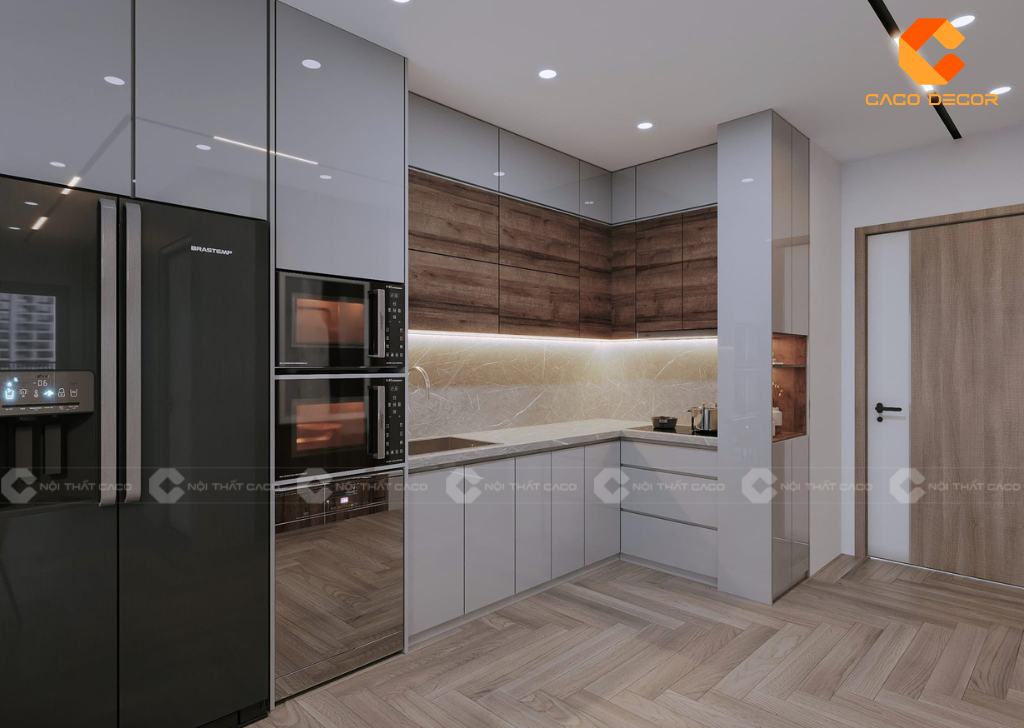 Tủ bếp gỗ công nghiệp có màu sắc trang nhã