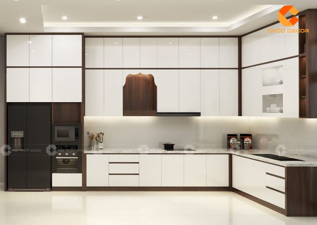 Tủ Bếp Gỗ Công Nghiệp TBM088 Chữ L Có Bàn Thờ Ông Táo 1