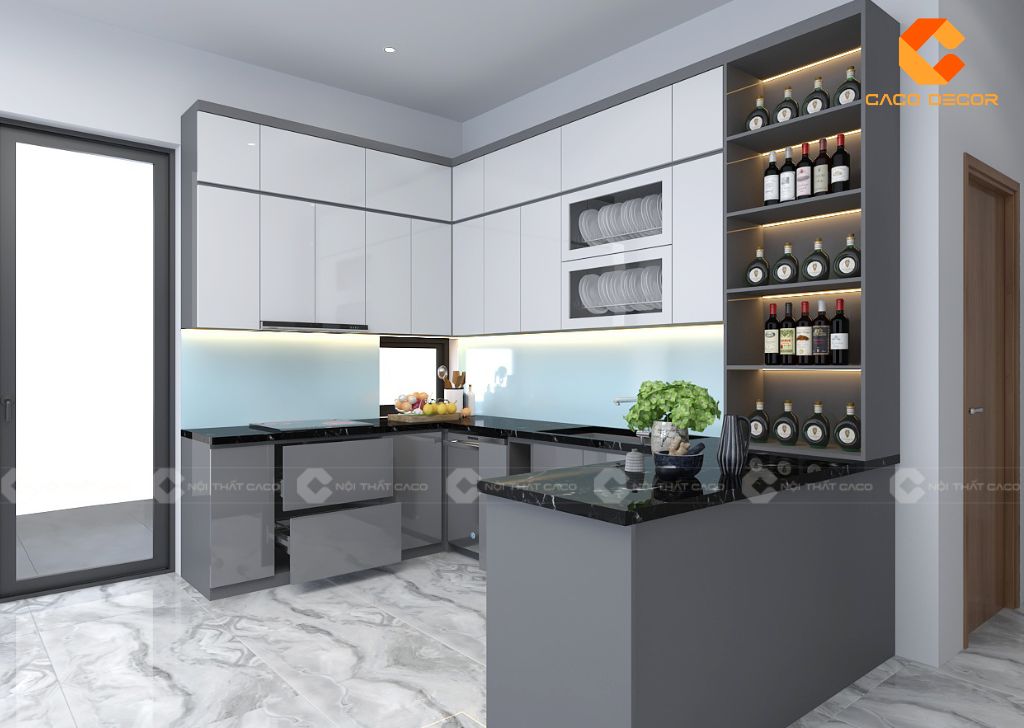 Tủ Bếp Gỗ Công Nghiệp TBM093 Màu Xám Phối Trắng Bền Bỉ 2