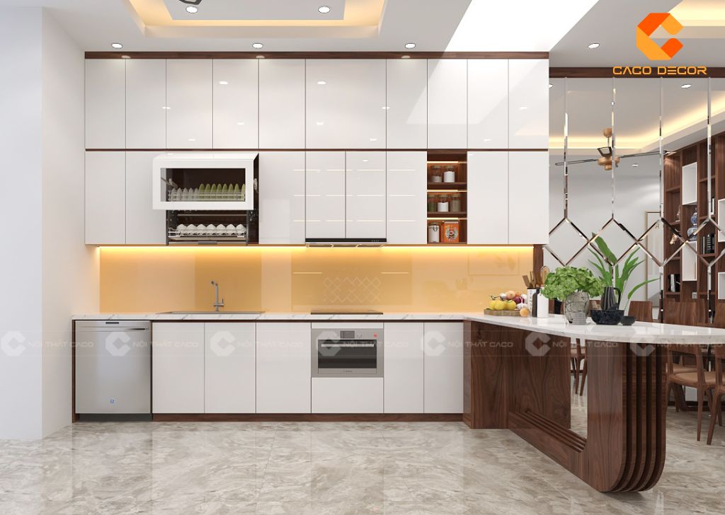 Tủ bếp gỗ công nghiệp TBM099 chữ I kết hợp bàn đảo