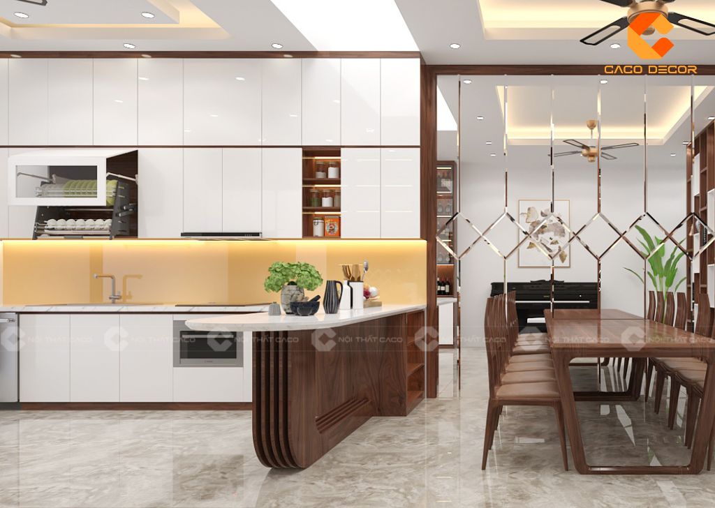 Tủ bếp gỗ công nghiệp TBM099 màu trắng phối nâu gỗ