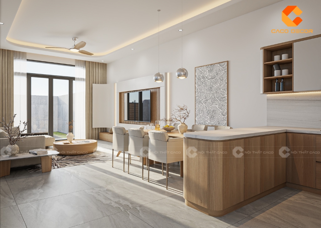 Tủ bếp gỗ công nghiệp TBM107 nâu gỗ phối trắng tinh tế