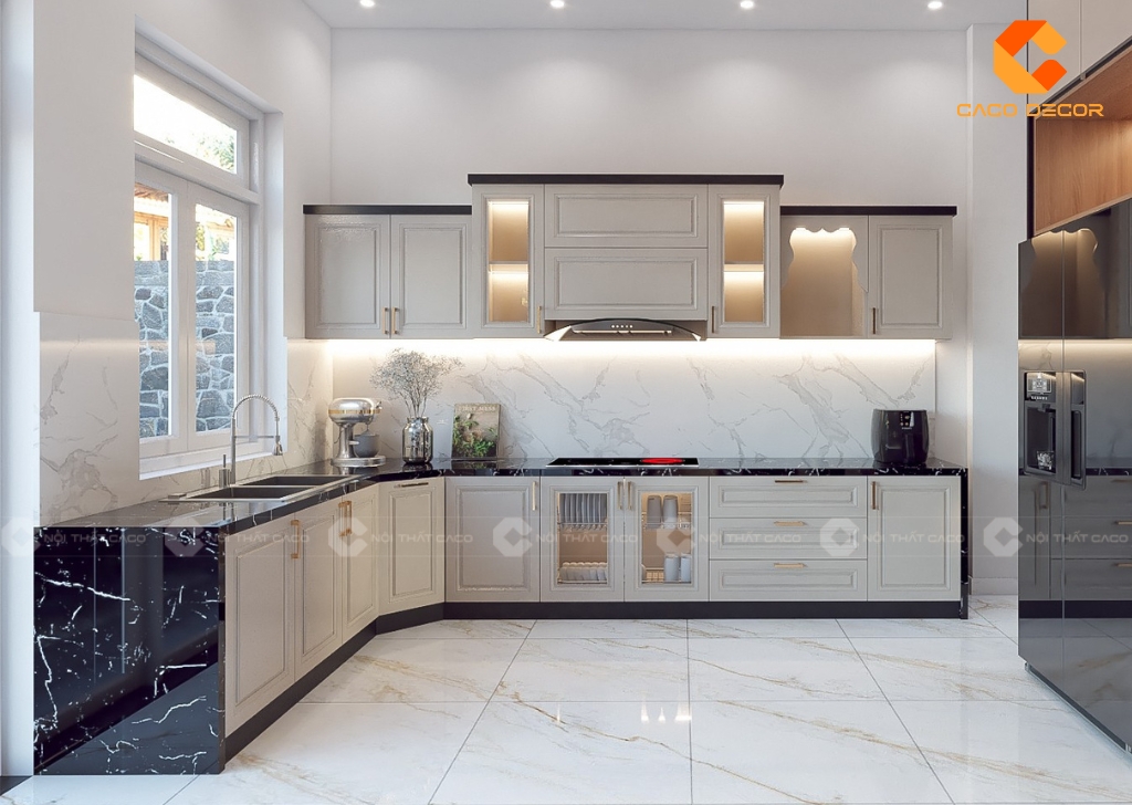 Tủ bếp gỗ công nghiệp TBM110 phong cách tân cổ điển