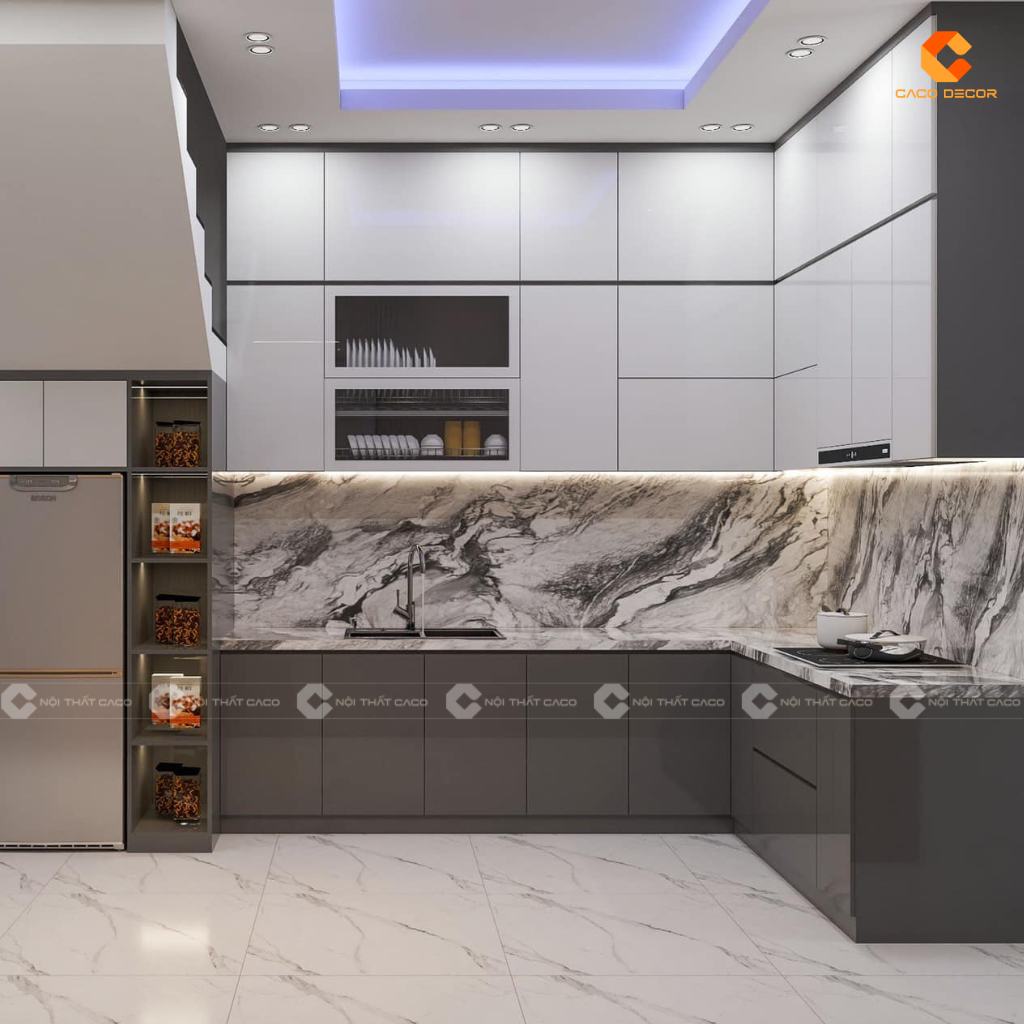 Tủ bếp gỗ công nghiệp tối ưu không gian gầm cầu thang