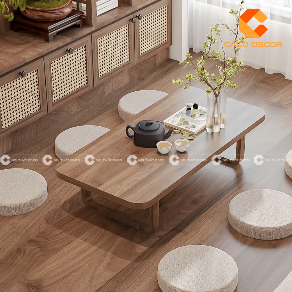 Mẫu bàn trà gỗ hiện đại phù hợp với không gian ấm cúng của Tết