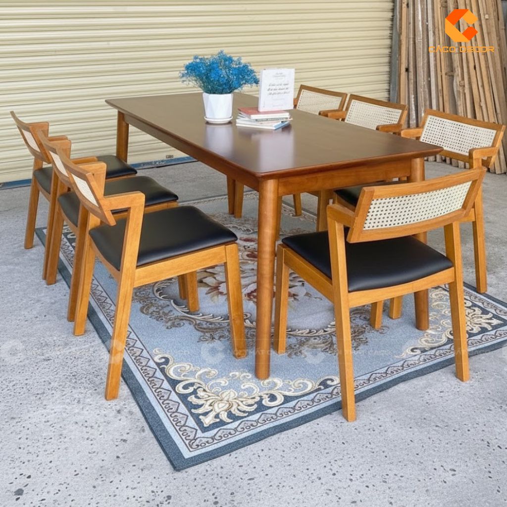 Bộ bàn ăn gỗ tự nhiên BA061 thiết kế chữ Z lưng tựa đan mây