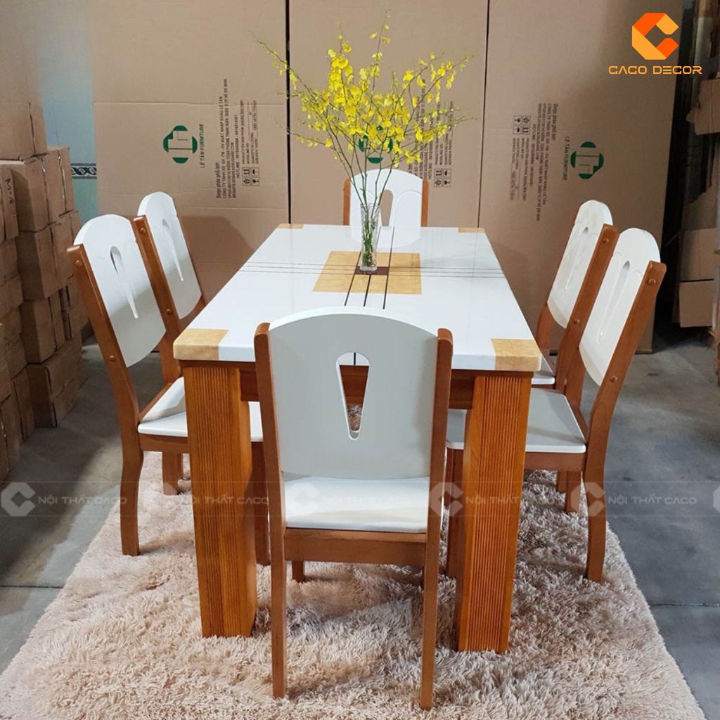 Bộ bàn ăn BA067 với ghế thiết kế nan gỗ sơn trắng ấn tượng