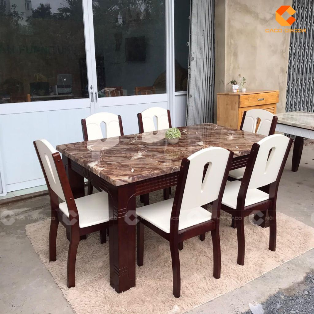 Bàn ăn gỗ cao su tự nhiên BA067 thiết kế mặt bàn đá