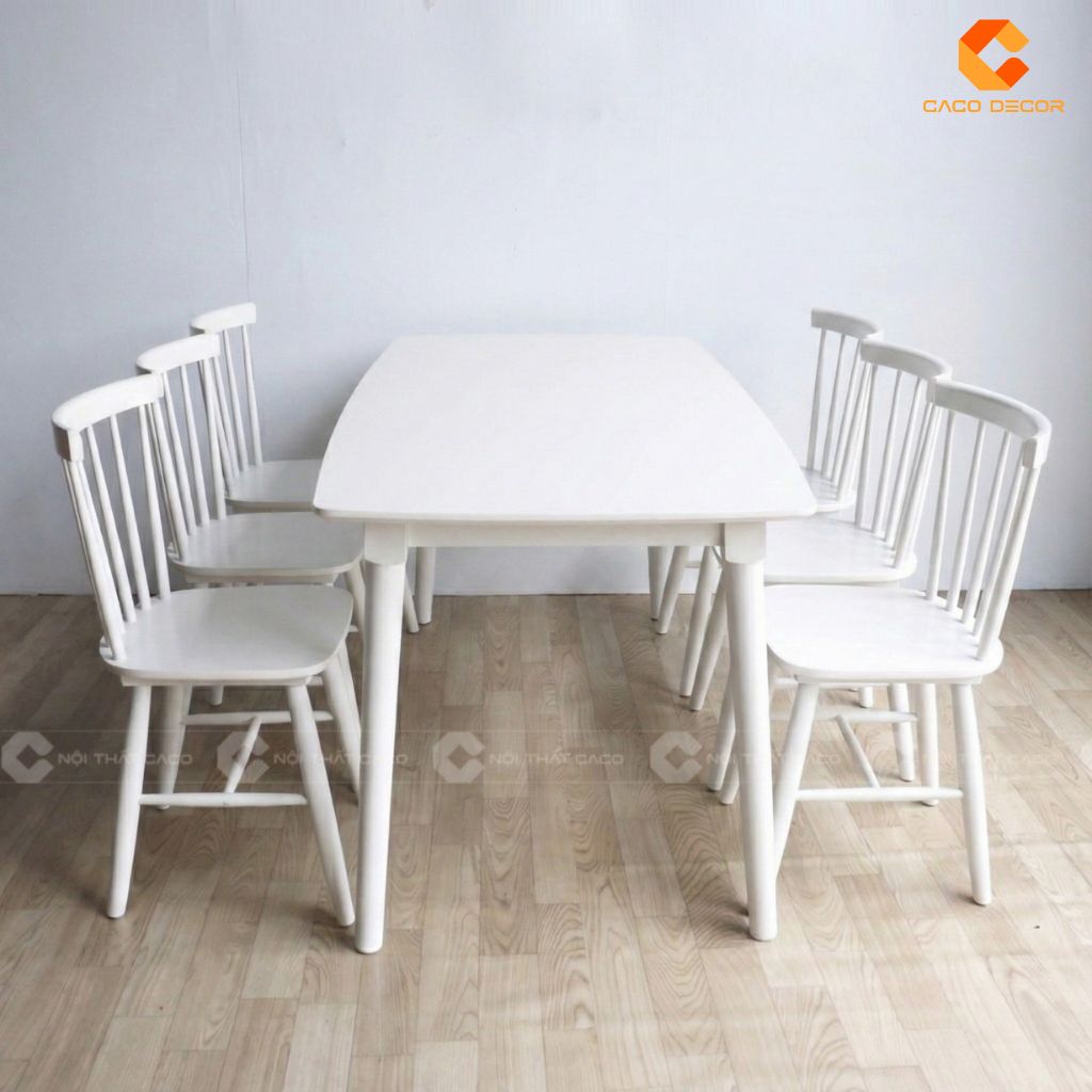Bộ bàn ăn gỗ tự nhiên BA069 sơn trắng hiện đại