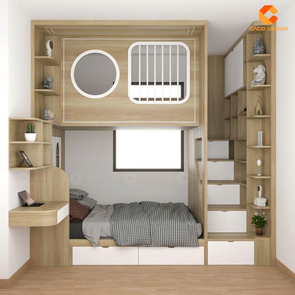 Mẫu giường tầng GT073 thiết kế nâu gỗ tinh tế