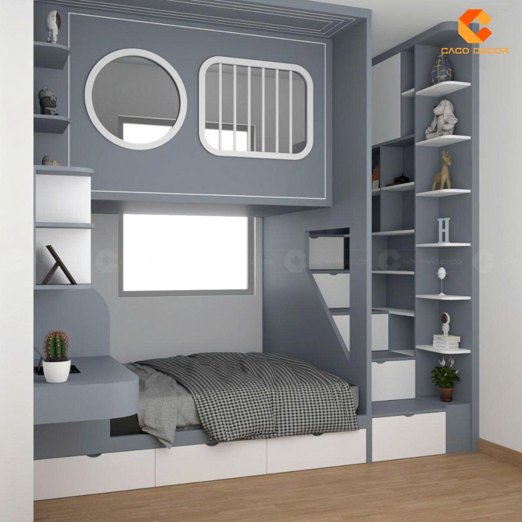 Thiết kế giường tầng GT073 tích hợp bàn học tủ kệ thông minh