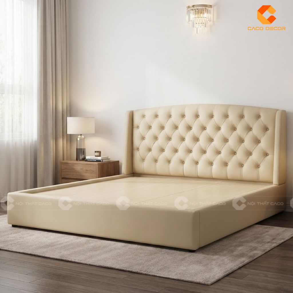 Hình 3D giường ngủ bọc đầu nệm màu be