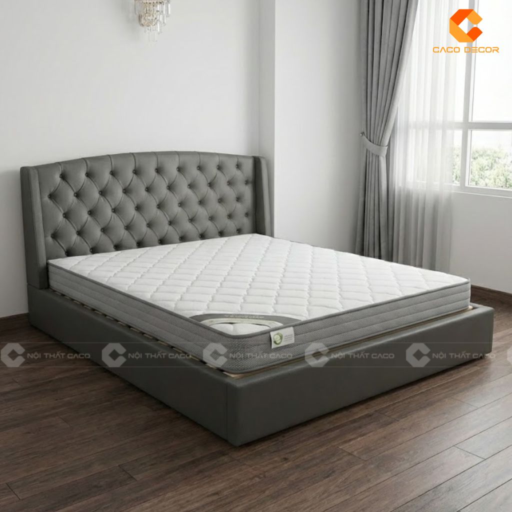 Hình 3D giường ngủ bọc đầu nệm màu xám