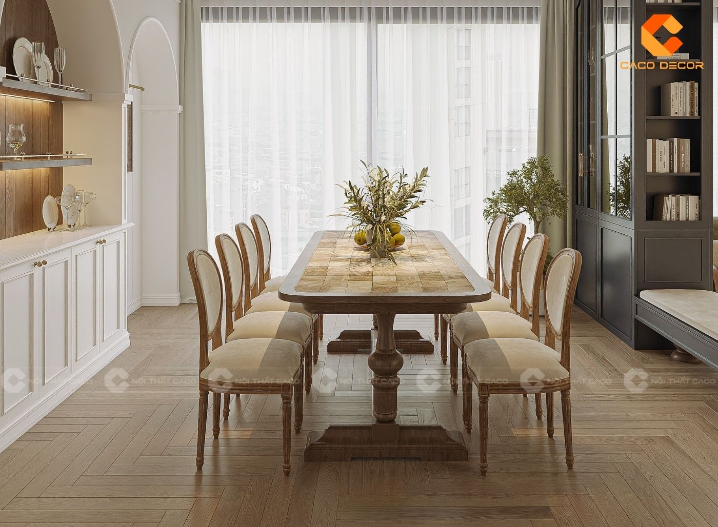 Phòng ăn ấm cúng với bộ bàn ăn 8 ghế bền đẹp