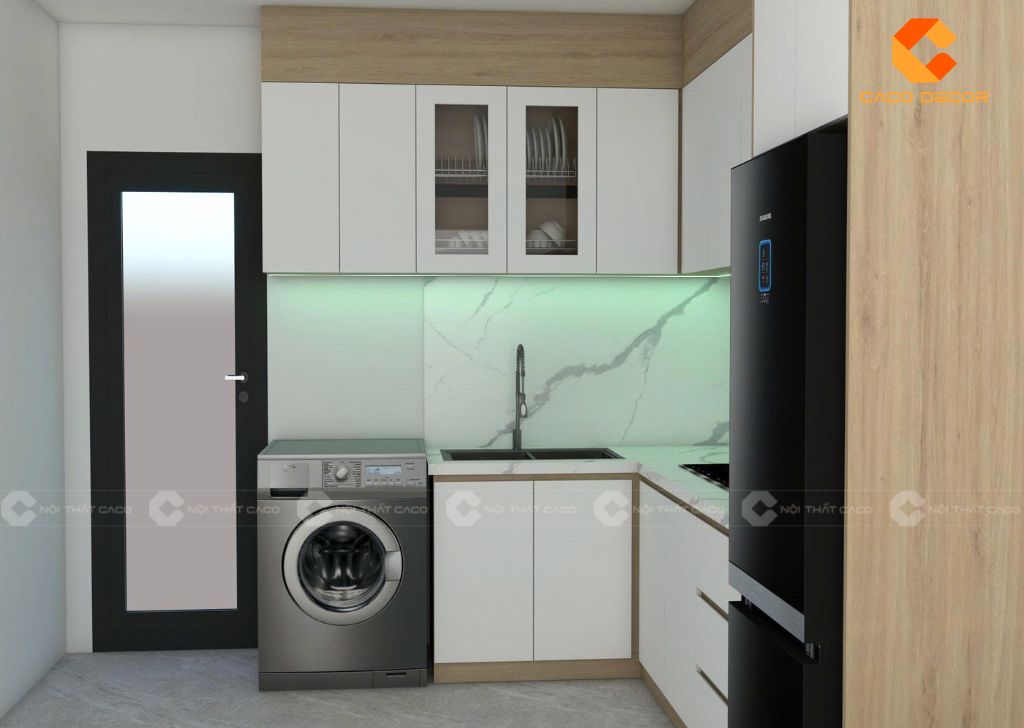 Hình thiết kế tủ bếp MDF chữ L chị Khuê tại Bình Chánh