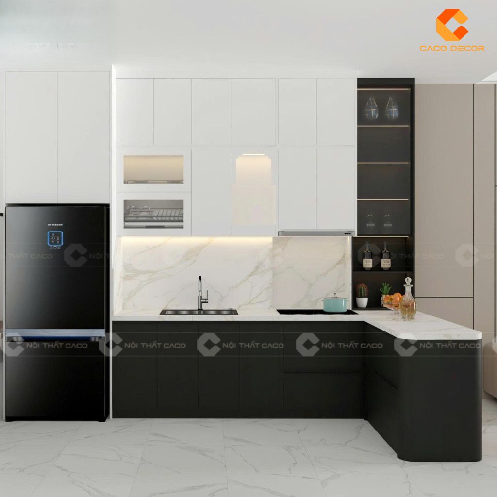 Hình thiết kế 3D tủ bếp chữ L nhà chị Hiền