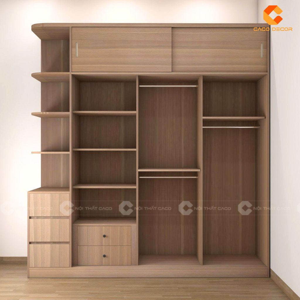 Hình 3D tủ quần áo cửa lùa kết hợp kệ trang trí