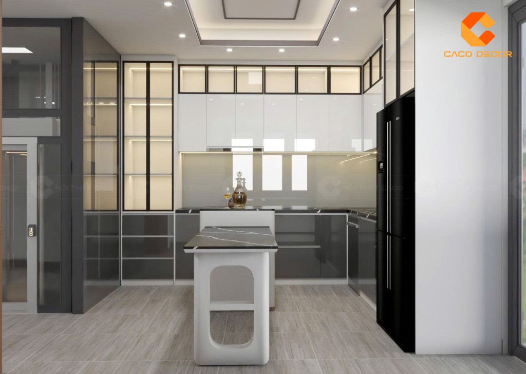 Thiết kế tủ bếp chữ L kết hợp kệ trang trí tiện lợi