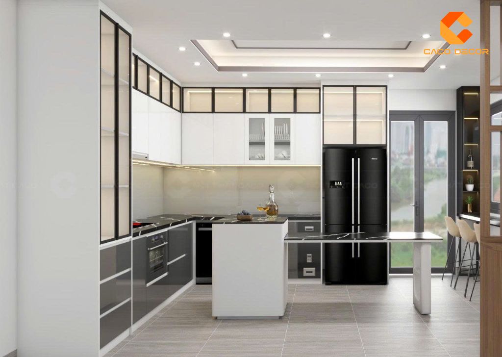 Thiết kế tủ bếp chữ L gỗ công nghiệp MDF hiện đại