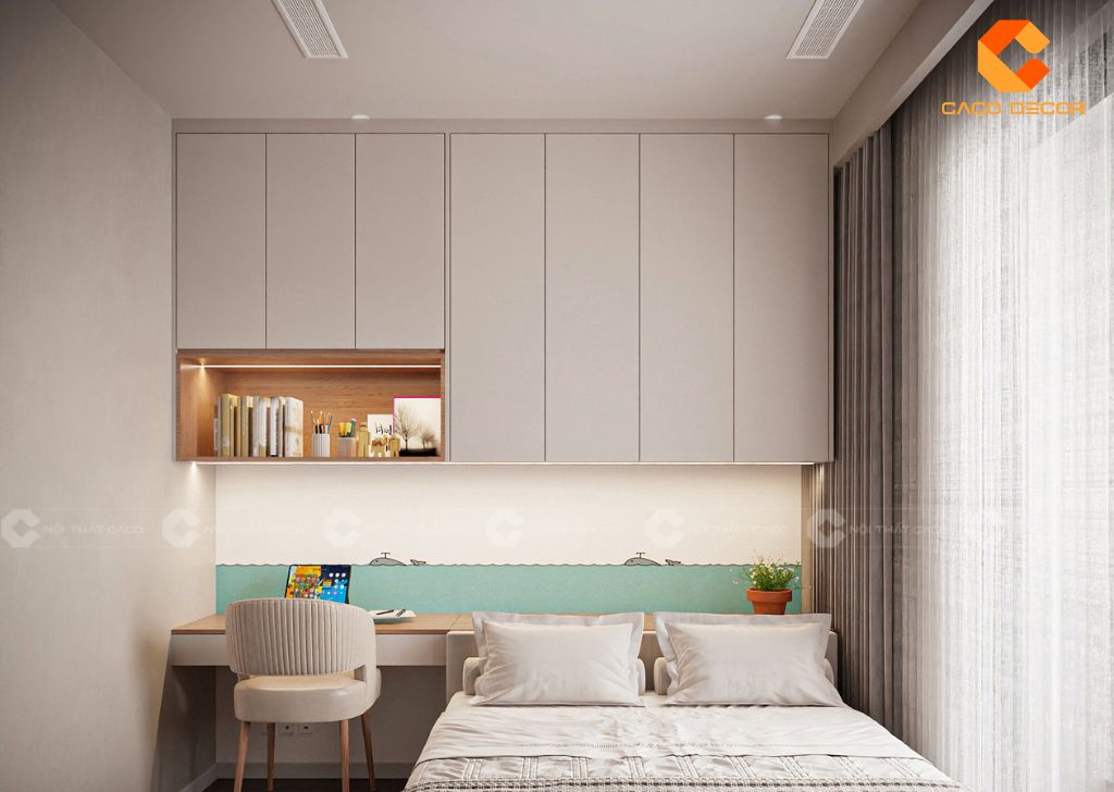 Bàn học tích hợp tủ được thiết kế liền giường