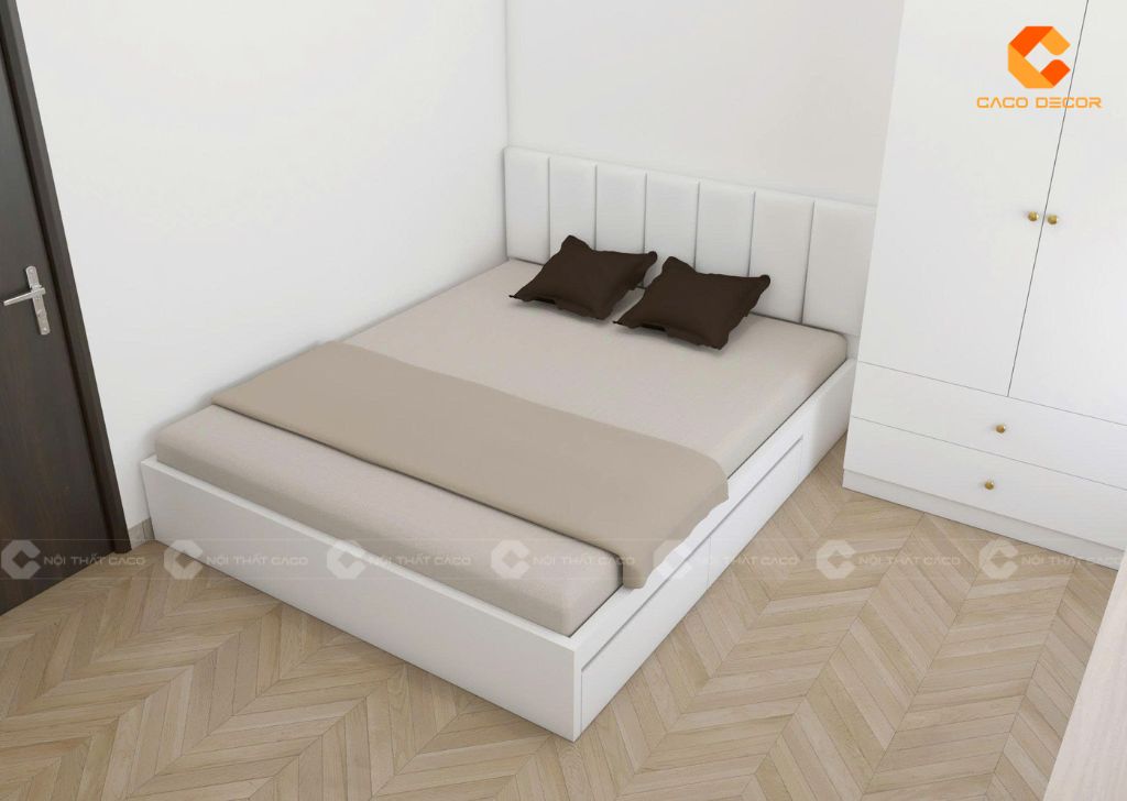 Thiết kế giường ngủ bọc đầu nệm kèm 2 hộc kéo
